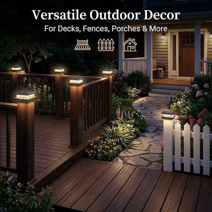 12 Pack Solar Post Cap Lights 4x4, Dual-Color Waterproof Fence Post Solar Lights, Fits 4x4 Vinyl or 3.5x3.5 Wood Posts, Dusk to Dawn Outdoor Lighting for Deck, Garden & Porch Decor, Black