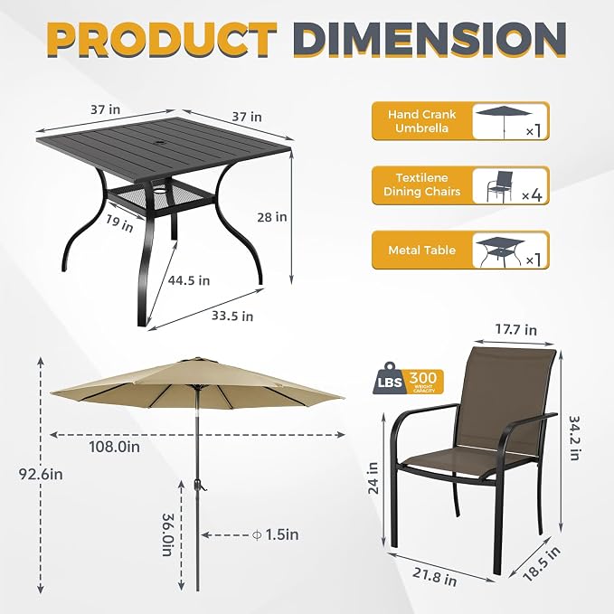 SUNCROWN 6 - Piece Outdoor Dining Set, Patio Furniture Set with 4 Textilene Dinning Chairs, 1 Steel Slat Metal Bistro Table and 1 Brown 9Ft Patio Umbrella for Lawn Garden Backyard Deck, Brown