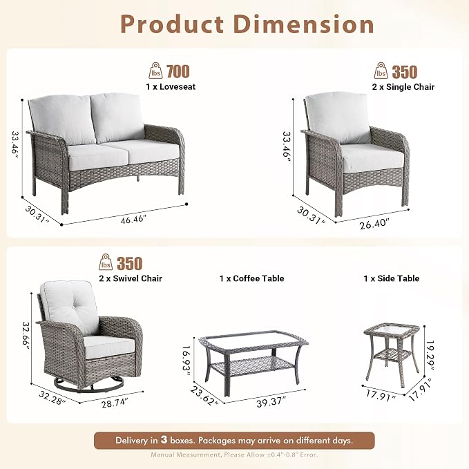 7 Pieces Outdoor Patio Furniture Set with Coffee Table, All Weather Wicker Patio Conversation Sets with Rocking Chairs, Balcony Furniture Sets for Backyard, Garden, Poolside, Grey