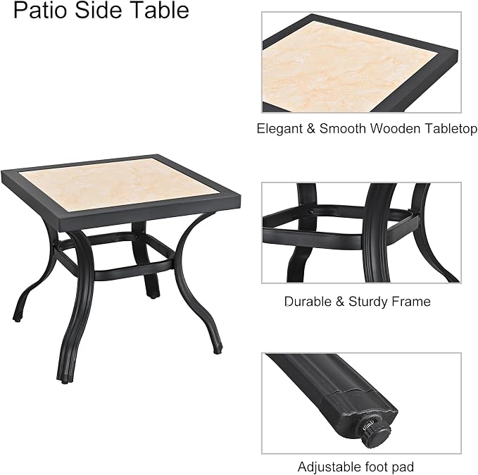 LOKATSE Home 21" Outdoor Square Patio Bistro End Table Metal Steel Legs with Ceramics Top, Black