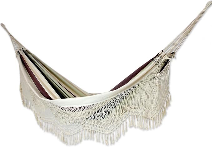 NOVICA Dark Green Brown White Stripe 2 Person Cotton Brazilian Hammock with White Crochet Fringe, 'Joyous Earth' (Double)