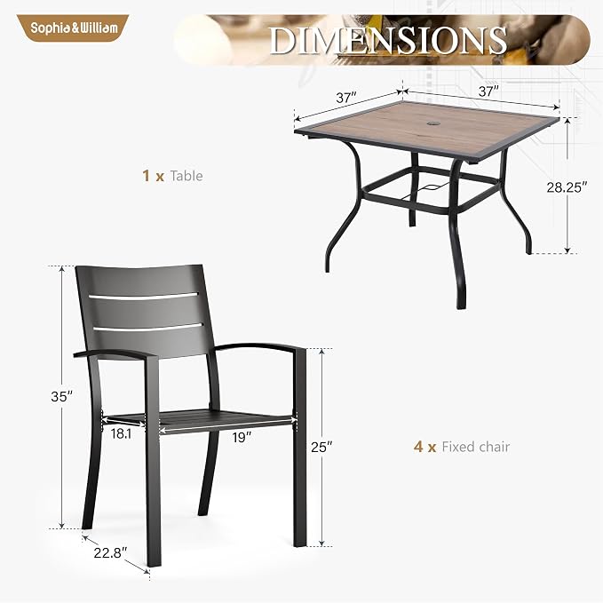 Sophia & William Metal Patio Outdoor Table and Chairs 5 Piece Dining Set - 37" Square Imitation Wood Table and 4 Backyard Garden Chairs, Table with 1.57" Umbrella Hole