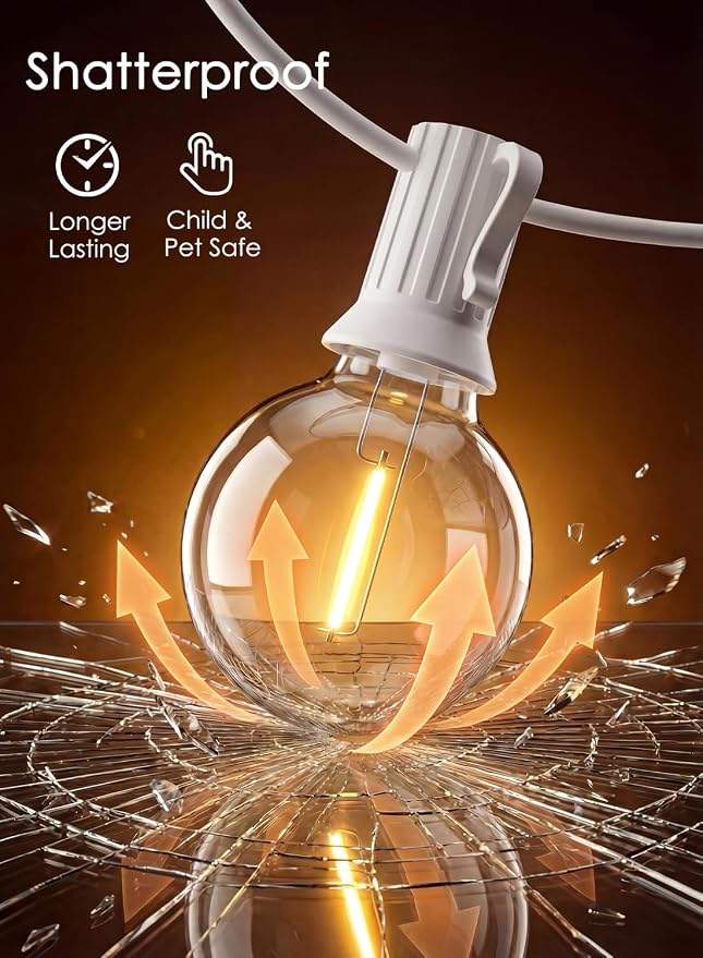 25FT G40 LED White Outdoor String Lights with 25 Plastic Shatterproof Bulbs | 2700K Warm White, IP65 Waterproof Hanging Connectable Globe Lights for Patio Garden Porch Pergola Bistro Decor, White Wire