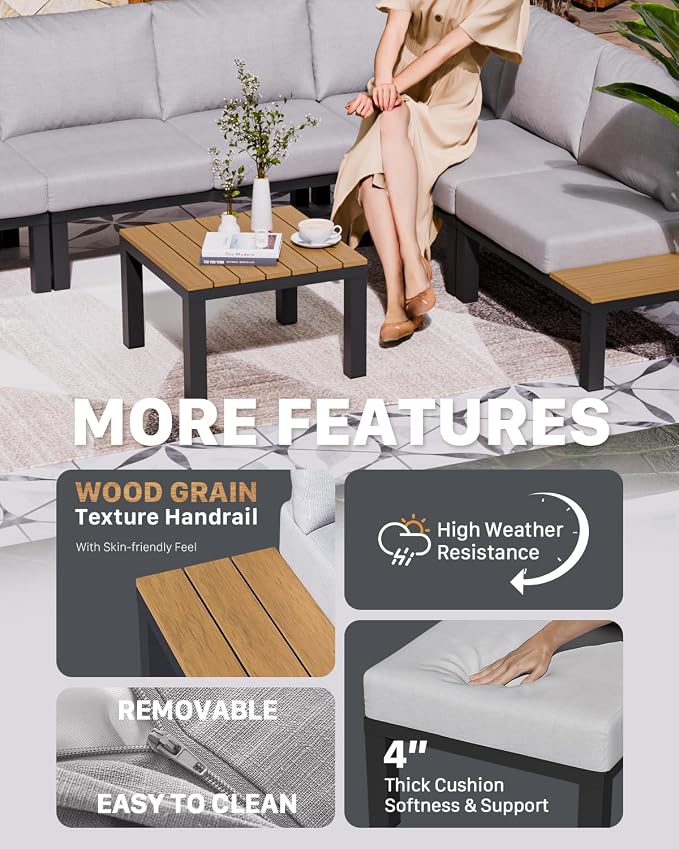 ZANDOR Aluminum Outdoor Modular Patio Furniture Set,10 Seat | Rustproof,High weight capacity,Water-repellent,Washable Cover,All-Weather Resistant,Easy clean,for Poolside Backyard Deck