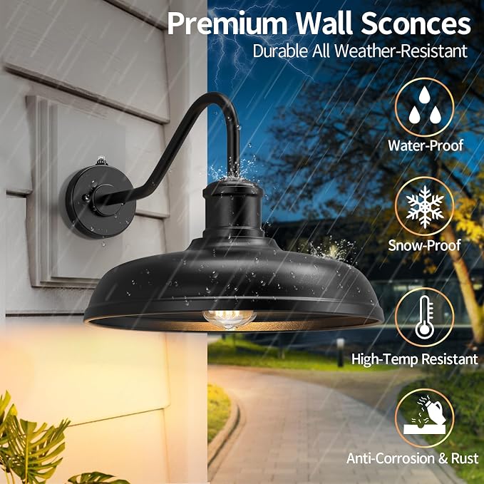 16 Inch Dome Dusk to Dawn Gooseneck Barn Light Outdoor, Black | Large Farmhouse Exterior Lighting Fixture, Industrial Outdoor Wall Sconce Outside Lantern for House, Porch, Garage