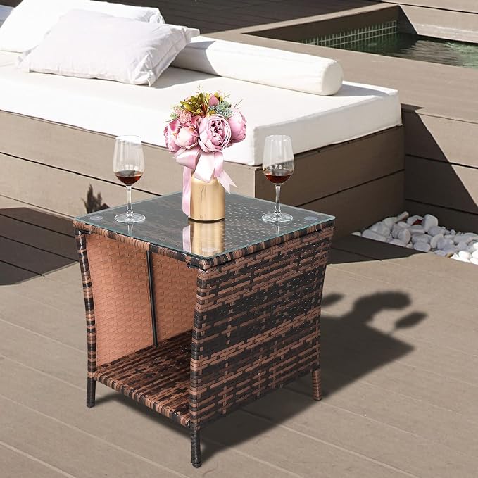 Bonnlo Small Garden Table, Rattan Patio Table with Glass Top & Shelf Under, Weatherproof for Indoor Outdoor, 46x46x50cm Brown