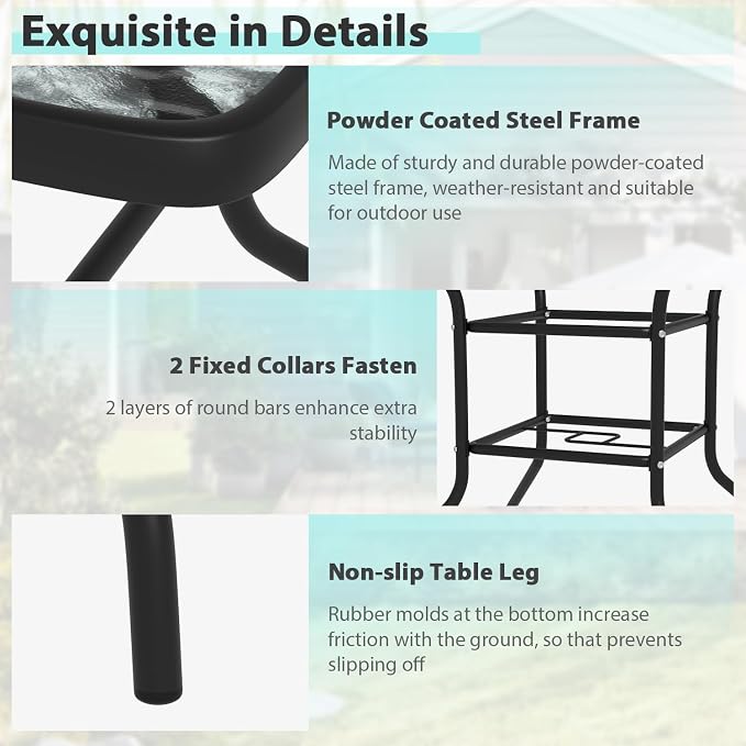 MKDLUFEI Square Outdoor Table, Patio Table with Umbrella Hole Tempered Glass Metal Table Outdoor Dining Table Garden for Deck, Yard, Balcony, Pool (Square)