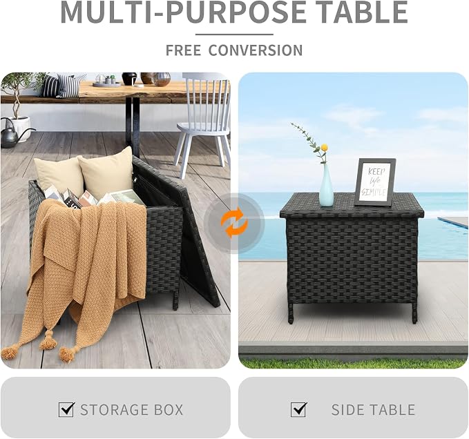 WAROOM Patio Side Table with Storage Resin Rattan Outdoor End Table Wicker Storage Table for Garden Backyard Porch Poolside, Black