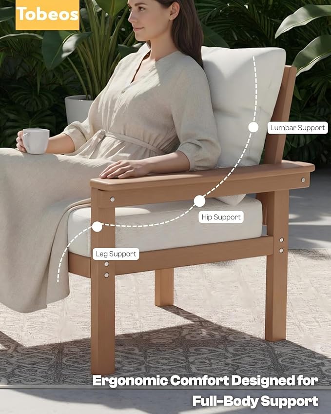 HDPE 7 Piece Patio Furniture Set, All-Weather Outdoor Couch Set with Thick Cushions & Table & Umbrella, Patio Conversation Sets for Lawn, Garden, Porch, Balcony, Deck, Poolside, Teak & Beige