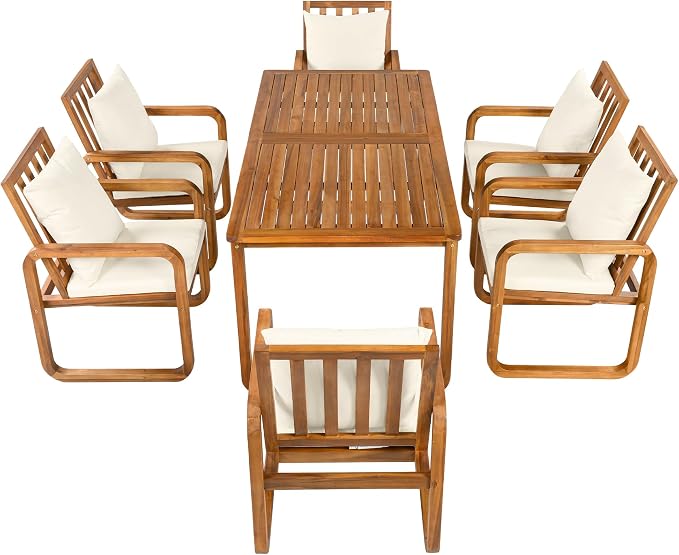 Merax 7 Pieces Patio Dining Set, Outdoor Acacia Wood Furniture for 6, with Table and Removable Cushioned Chairs for Backyard, Beige