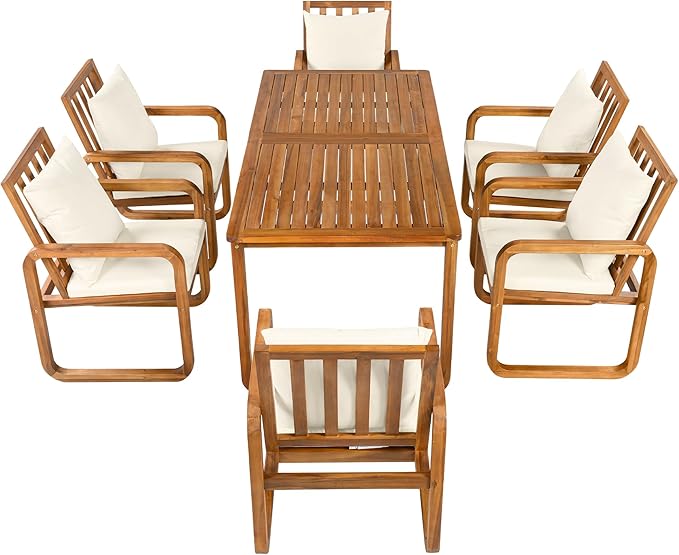RUNNA 7 Pieces Outdoor Patio Dining Table Set with Removable Cushions, Modern Armrests and Spacious Table, Outdoor Furniture Set for Backyard, Garden Entertaining (Beige-A7)