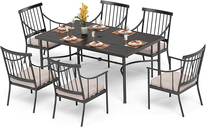 PHI VILLA 7 Piece Patio Dining Set, 64" Steel Table | Metal chairs, Fixed Chair, 1.57" umbrella hole, Cushions, powder-coated, 300 lb chair capacity