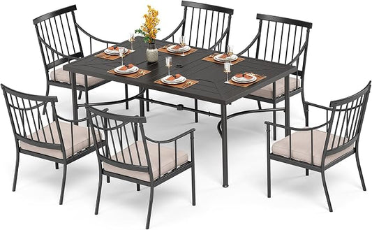 PHI VILLA 7 Piece Patio Dining Set, 64" Steel Table | Metal chairs, Fixed Chair, 1.57" umbrella hole, Cushions, powder-coated, 300 lb chair capacity