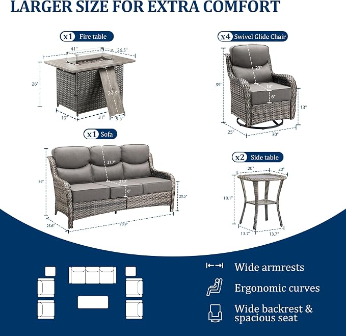 Luxury Swivel Rocker Chairs Fire Pit Set with 6" Thick Cushion 8 piece Wicker Outdoor Patio Chair with Sofa and Side Table,Comfortable High Back Outdoor Patio Furniture Set - Gery | Gery