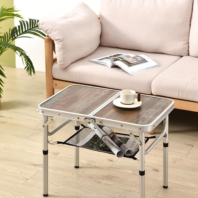 YihuiKo Small Folding Table, 3 Adjustable Heights Picnic Table, Outdoor Folding Table with Storage Mesh Layer, Portable Table for Outdoor & Indoor