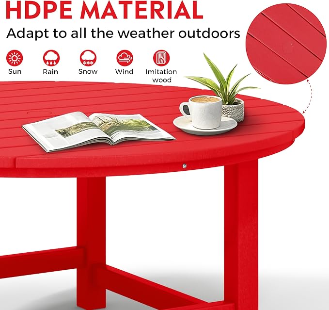 Costaelm Patio Conversation Set, 5 piece Balcony Furniture, Small Patio Firepit Furniture Outdoor Adirondack Round Coffee Table and Chair for Backyard Lawn Porch Pool Garden, Red