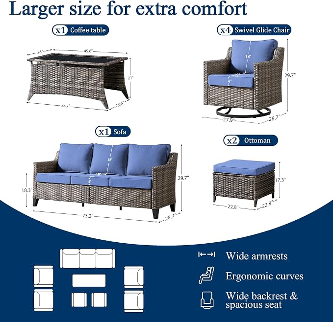 Luxury Patio Furniture sofa Set - 8 Pieces All Weather Wicker Outdoor Couch and High Back Swivel Rocker Patio Chairs with Glass coffee table for Deck Yard and Poolside Gray Wicker | Blue Cushions