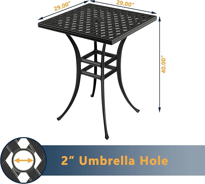 Clihome 29" Patio Table Outdoor Bistro Table Cast Aluminum Patio Dining Table with Umbrella Hole Patio Tables for Outside Table for Garden, Backyard, and Porch