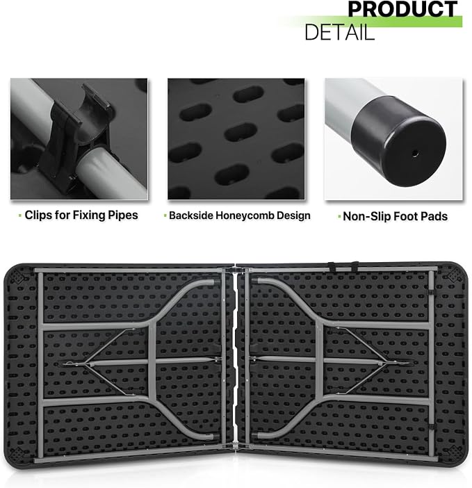 Magshion 6ft Plastic Folding Table with Handle for Indoor Outdoor, 6 Foot Utility Commercial Craft Foldable Table for Party Events, Black
