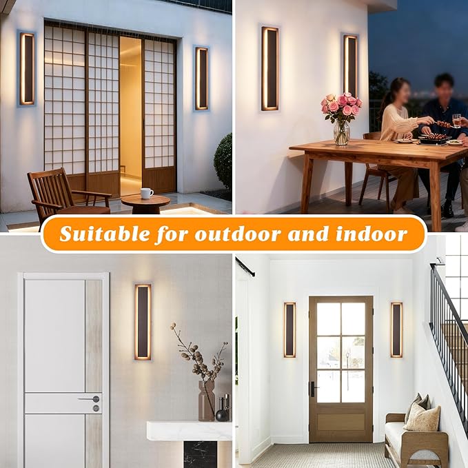 24 in Brown Long Outdoor Wall Lights, Modern Exterior Wall Light | Waterproof Outdoor Wall Sconce,Outside Light Fixtures For Garage House,Patio,Front Porch,LED 24W 3000K Warm White, 2 Packs