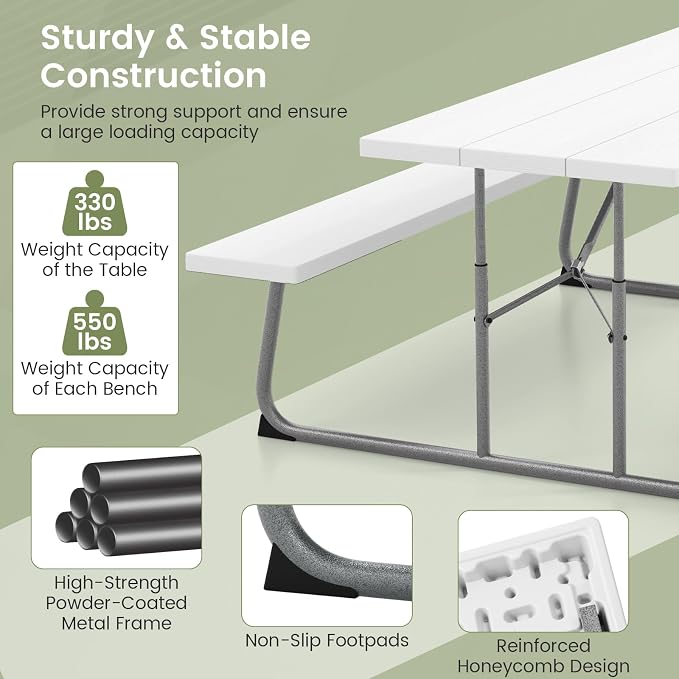 Giantex Folding Picnic Table - 6 FT Outdoor Table Bench Set for 8 Persons w/All-Weather HDPE Tabletop, Metal Leg, Umbrella Hole, Large Outside Dining Table for Patio Garden Yard Poolside (White)