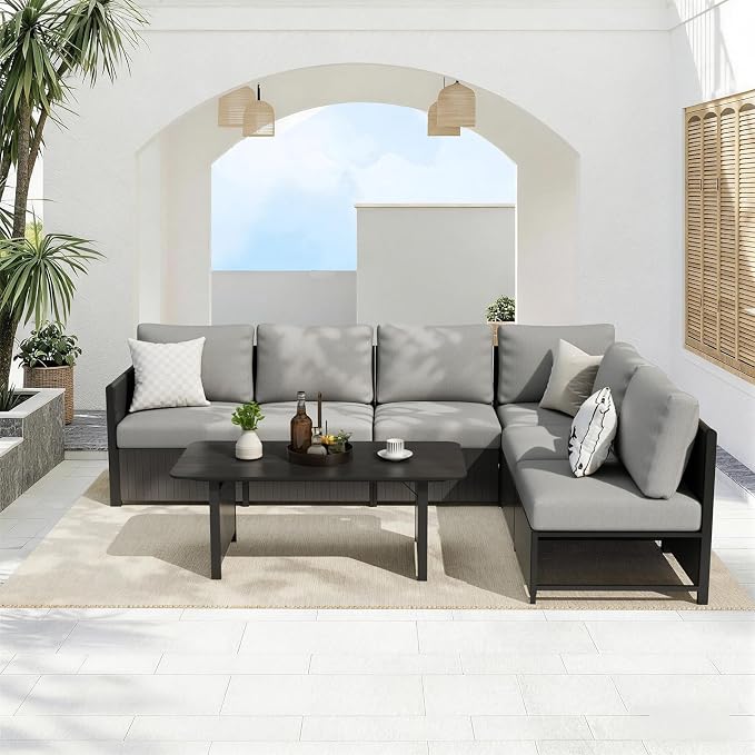 MELLCOM 7 Pieces Patio Furniture Set, Modern Sectional Sofa, All Weather Outdoor Conversation Set with Cushions & Table, Gray