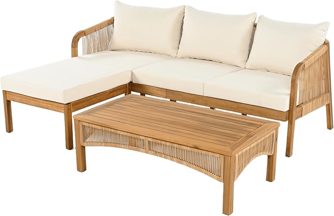 Christopher Knight Home Havets 3 Pieces Acacia Wood Patio Furniture Set, Faux Rattan Sofa and Coffee Table, Outdoor Conversation Sets with 6" Thick Cushions for Backyard Garden Balcony, Teak+Beige