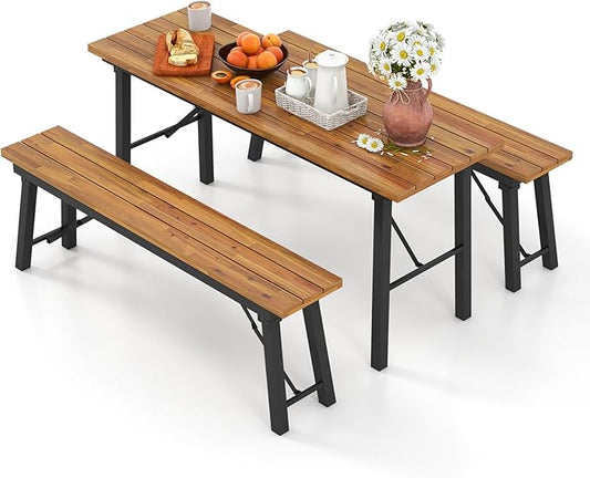 HAPPYGRILL Folding Picnic Table Bench Set, Acacia Wood Dining Table Bench w/Metal Frame, Portable Camping BBQ Table Bench, Rectangular Dining Table for Indoor Outdoor Activities Garden Yard Patio