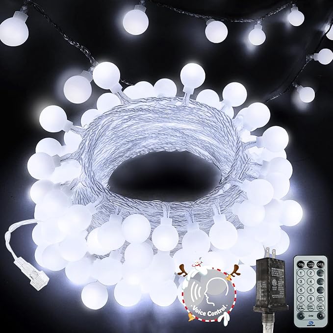 Connectable Globe String Lights Indoor 100LED Smart Fairy Lights Plug in | Voice Controlled, 43FT White Classroom Light, 12 Modes, Timer & Remote, Waterproof Christmas Light for Bedroom Party Decor