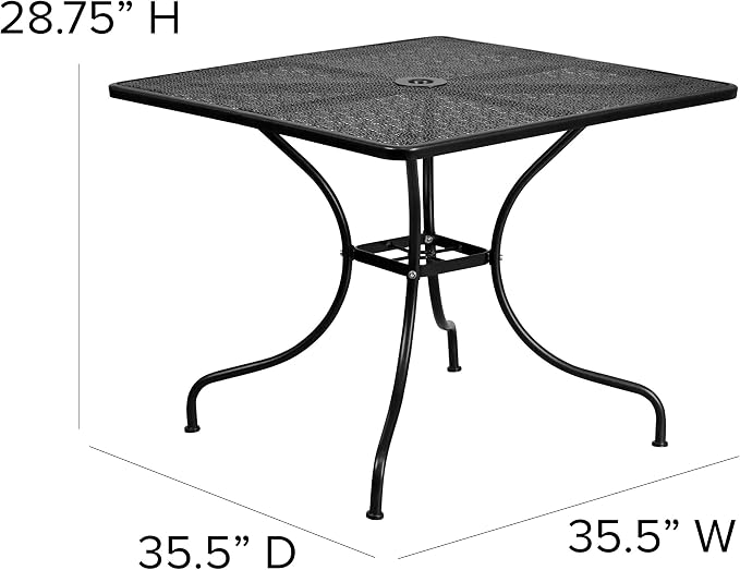 BizChair Commercial Grade 35.5" Square Black Indoor-Outdoor Steel Patio Table with Umbrella Hole