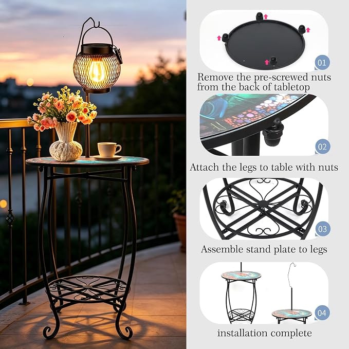 2-Tier Round Metal Side Table with Hanging Hook, Anti-Rust Weather Resistant Iron Accent Side Table for Living Room Bedroom Patio Balcony Indoor Outdoor Small Space, Easy Assemble, 25 Inch Tall