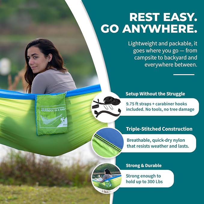 Bliss Hammocks BH-406ST-MM Hammock in a Bag w/ Carabiners + Tree Straps, 52-in. Wide, Weather Resistant, 300 Lb. Capacity (Mermaid)