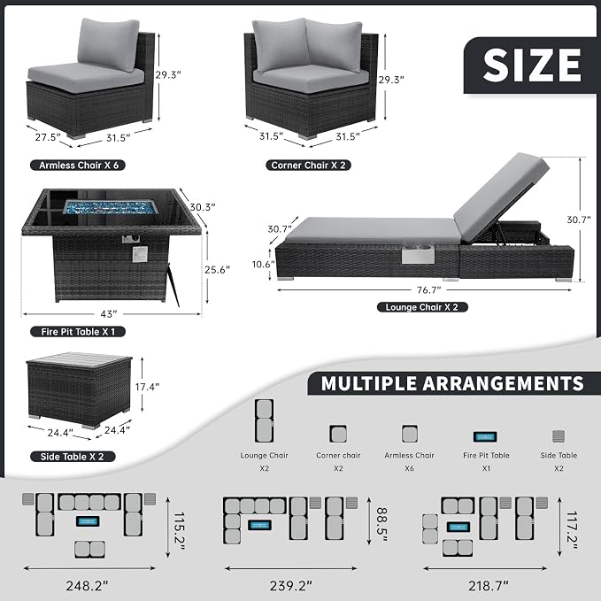 BULEXYARD 13 Piece Large High Back Grey Rattan Patio Furniture Set with Natural Gas/Propane Fire Pit and Lounge Chaise, Luxury Comfy Deep Wide Seat Outdoor Sectional Conversation Sofa Sets, Light Gray