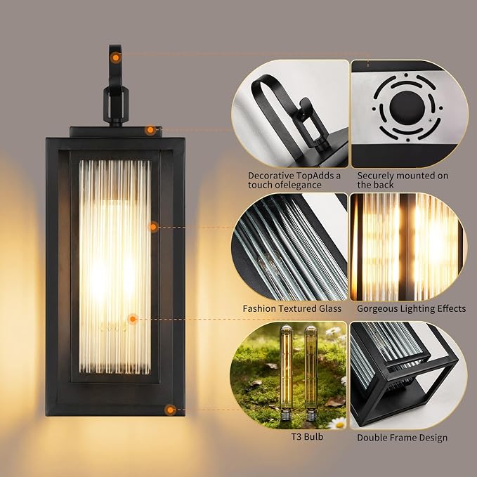 2 Pack Outdoor Wall Lights for House Exterior, 18 Inch Large Black Modern Lantern with Dual Metal Frame & Textured Glass, IP65 Waterproof (Bulbs Included)