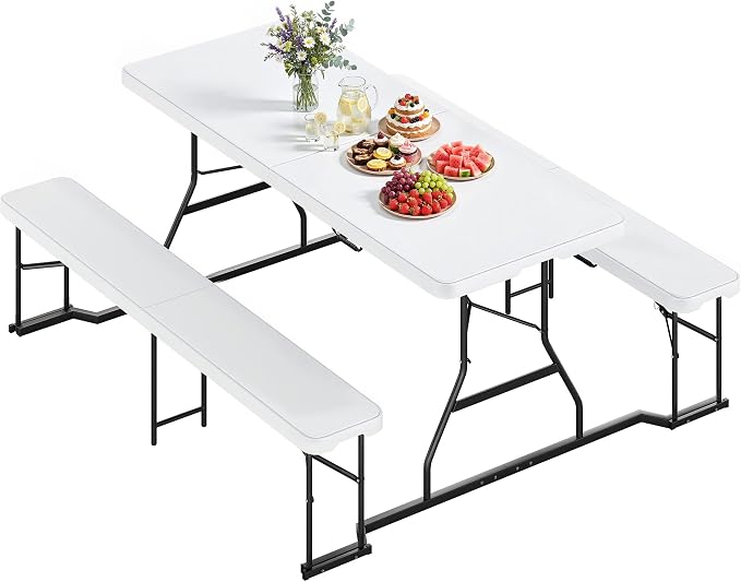 YITAHOME 6ft Folding Picnic Table with Benches, Heavy Duty Iron Frame & HDPE Plastic Table Set, Portable Outdoor Folding Table with Center Lock for Backyard, Park, Camping, Beach, White