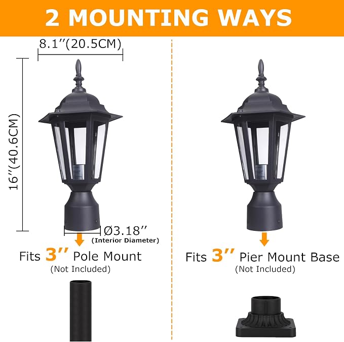 Outdoor Post Light, Rustproof Aluminum Pole Lamp, Black | Exterior Lamp Post Light Fixture for Garden, Yard, Pathway, Waterproof, Glass, E26 Base, Max 60W, 1 Pack