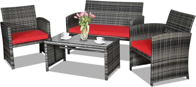 Goplus 4-Piece Rattan Patio Furniture Set, Outdoor Wicker Conversation Sofa with Weather Resistant Cushions and Tempered Glass Tabletop for Lawn Backyard Pool Garden (Red)