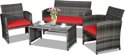 Goplus 4-Piece Rattan Patio Furniture Set, Outdoor Wicker Conversation Sofa with Weather Resistant Cushions and Tempered Glass Tabletop for Lawn Backyard Pool Garden (Red)