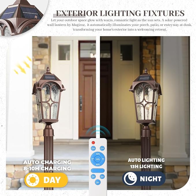 22 Inch Large Solar Post Light Outdoor, Dusk to Dawn Pier Mount Lamp, Oil Rubbed Bronze (ORB) Aluminum with Seeded Water Ripple Glass, Waterproof Solar Pole Light Fixture for Yard Garden Pillar Patio