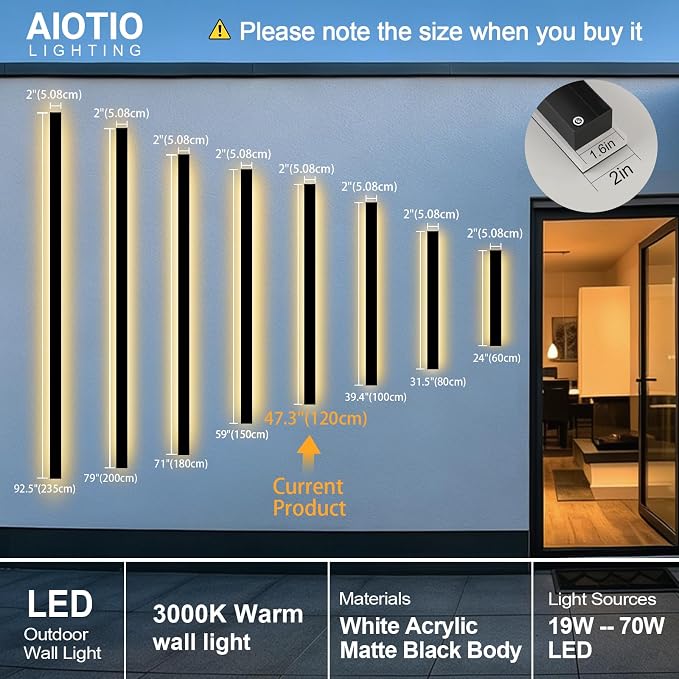 AioTio Modern Outdoor Wall Light, 47inch Exterior Lighting Fixture Wall Mount,Black IP65 Waterproof Porch Lights Wall Sconce,3000K Long LED Linear Outside Lighting for Garage, House,Front Door
