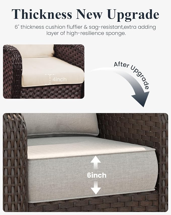 LayinSun 5 Piece Wicker Outdoor Furniture Set with 6-inch Comfy Cushions, High Back Patio Furniture Set with Swivel Rocking Chairs and Fire Pit Table