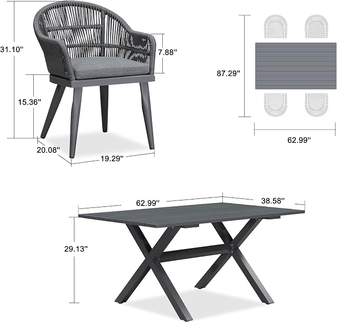 PURPLE LEAF 5 Pieces Patio Dining Set with Outdoor Aluminium Dining Table and Woven Chairs Modern Metal Furniture Cushions Sets for Garden Yard Indoor Decor Kitchen Gray