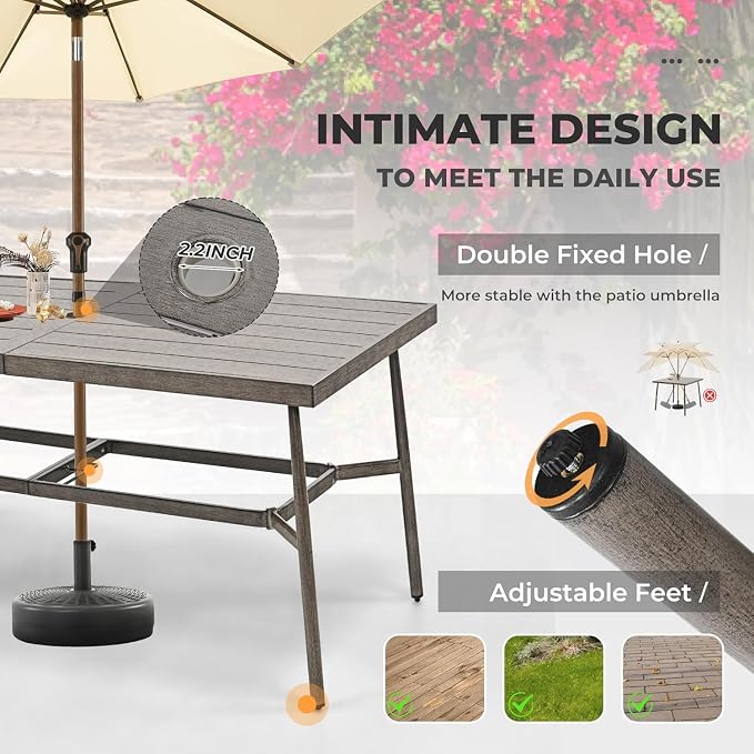 HAPPATIO 9-Piece Patio Table and Chairs Set for 8, Aluminum Outdoor Dining Set with Cushions, 6 Dining Chairs and 2 Swivel Chairs, 1 Large Rectangular Table with Umbrella Hole, Grey