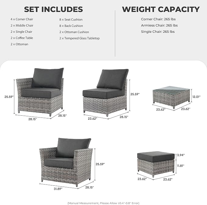 CAODOC 12 Pieces Outdoor Furniture Patio Sectional Sofa Couch Gray PE Wicker Conversation Sets with Ottomans Glass Coffee Table for Garden Poolside Backyard