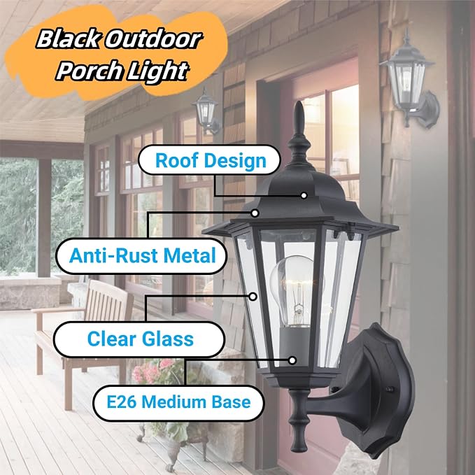 WISBEAM 2 Pack Outdoor Wall Light, Black Wall Sconce for House Porch Lighting Fixture, E26 Base 60W Max, Metal Housing Plus Glass, Wet Location Rated, ETL Qualified, Bulbs not Included
