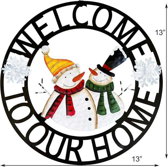 Welcome to Our Home Rustic Metal Snowmen Hanging Welcome Signs Wall Decor Front Door Wreaths Garden Fence Patio Porch Yard Winter Christmas Holiday Indoor Outdoor Decorations 13''H