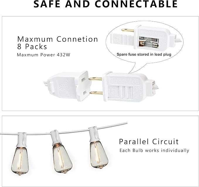 White Outdoor String Lights 200FT Lighting Waterproof for Patio Wedding | 2-Pack x 100FT Linkable White Cord Outdoor Lights,104 Plastic Dimmable LED Edison Bulbs for Party Porch Bistro Garden Gazebo