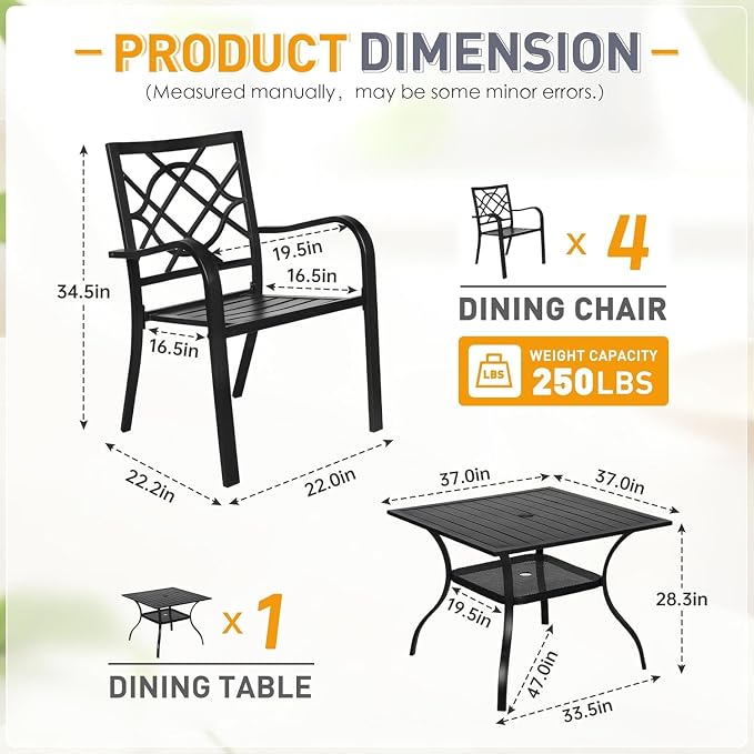 5 Piece Outdoor Patio Dining Set, Metal Patio Furniture Set Outdoor Square Slatted Dining Table with Umbrella Holes & 4 Stackable Chairs for Backyard, Garden