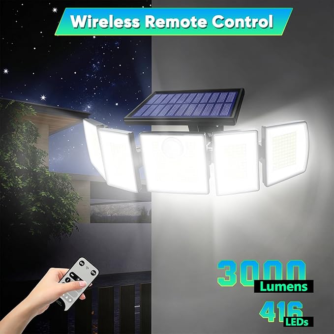 MDCMDCM Solar Lights Outdoor Waterproof Motion Sensor - 3000 Lumens 5-Head Adjustable Solar Flood Light, IP65 Waterproof Solar Security Light for Yard, Garage, Driveway, Garden