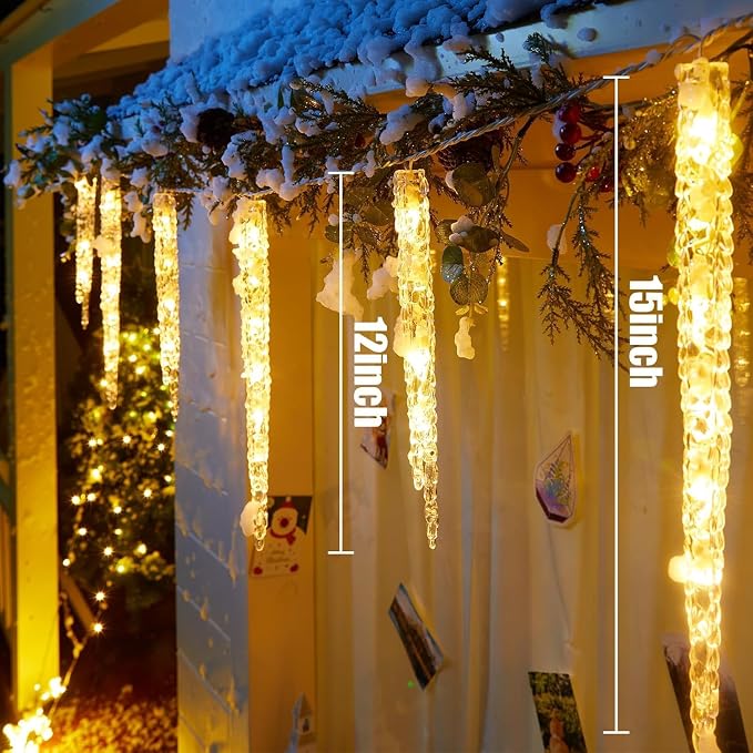 Brightown Icicle Lights Outdoor with Remote, 20ft 20 Tubes 100 LED Ice Shape String Lights, Connectable Hanging Christmas Decoration Lights for Tree Patio Roof Holiday Decor, Warm White